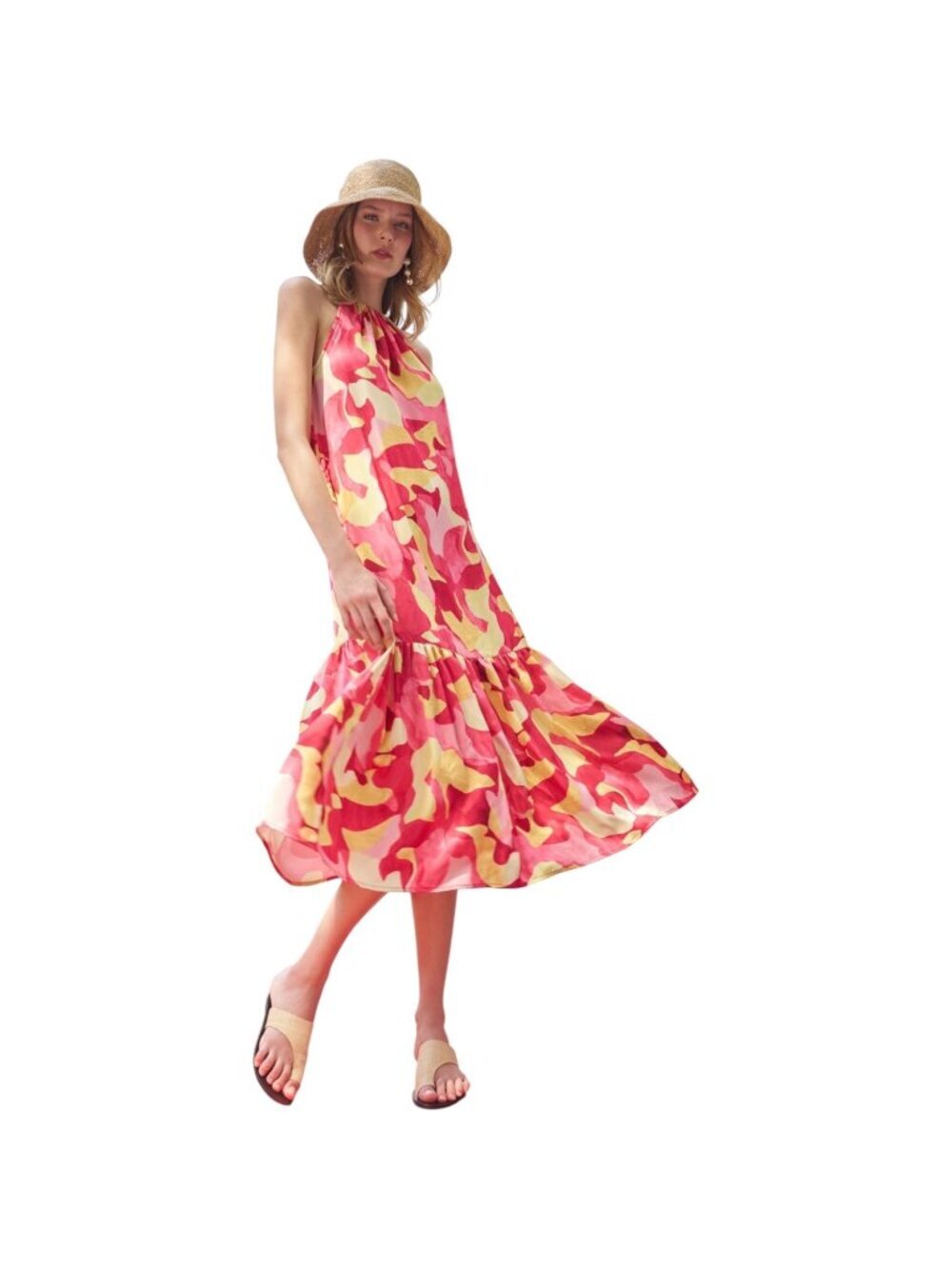 Ming Wang Women's NWT $270 Abstract Print Crepe De Chine Flounced Halter Dress M